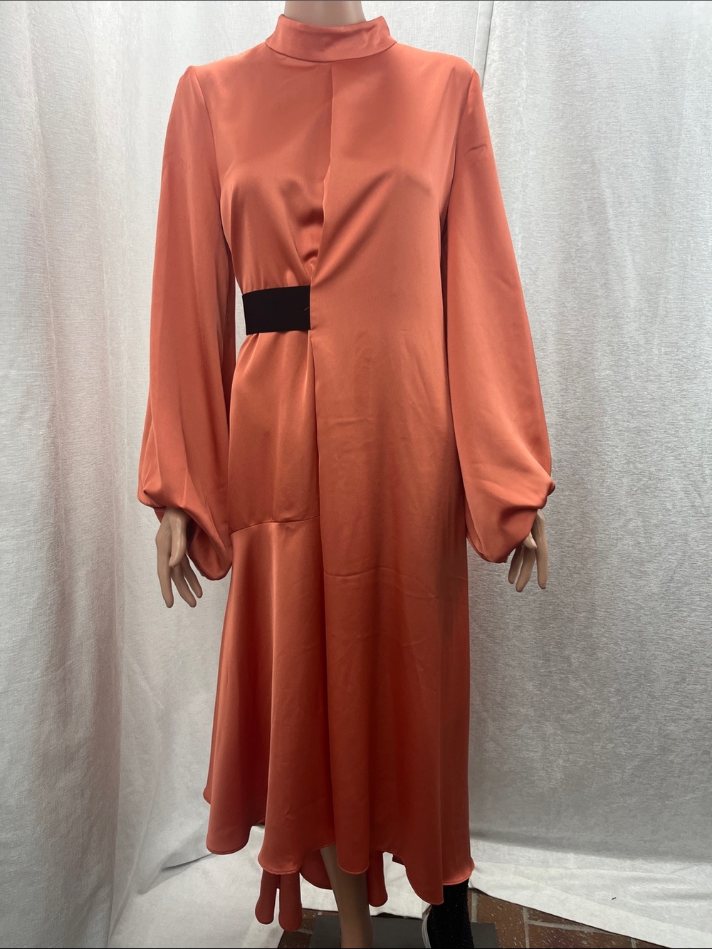 ASOS Coral Long-Sleeve High-Neck Midi Dress with Black Waist Detail